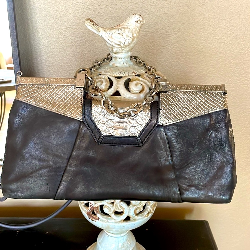 BCBGMaxAzria Leather Black and Silver Purse with Chain Straps